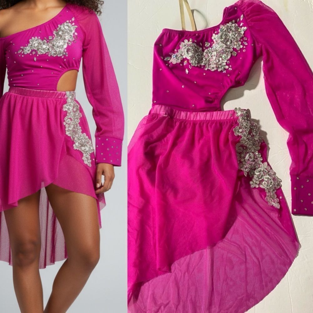 Custom made solo dance costume hot pink rhinestone illusion skirt LC child